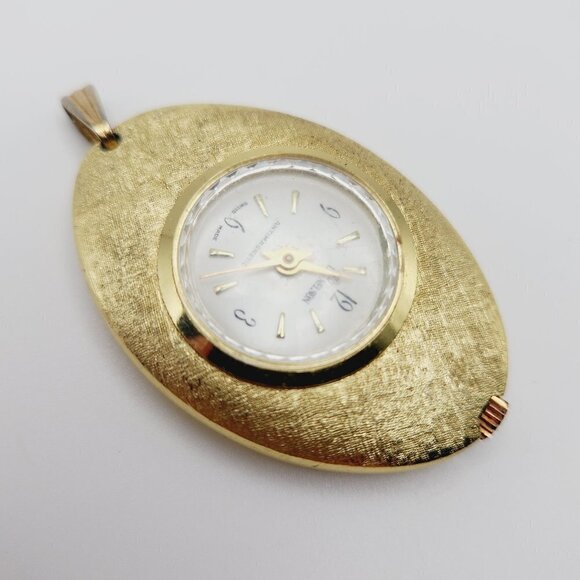 Vintage Lady Nelson Berger Mechanical Wind Up Gold Textured Oval Pendant Watch - Picture 2 of 6